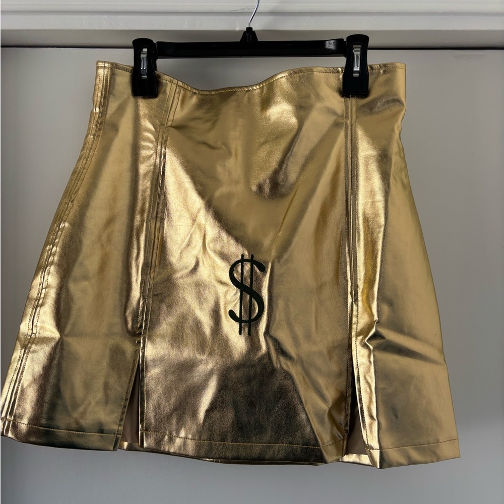 FBC Greed Gold Faux Leather Metallic Skirt with Dollar Sign Accents $๐ฐ - Picture 3 of 5